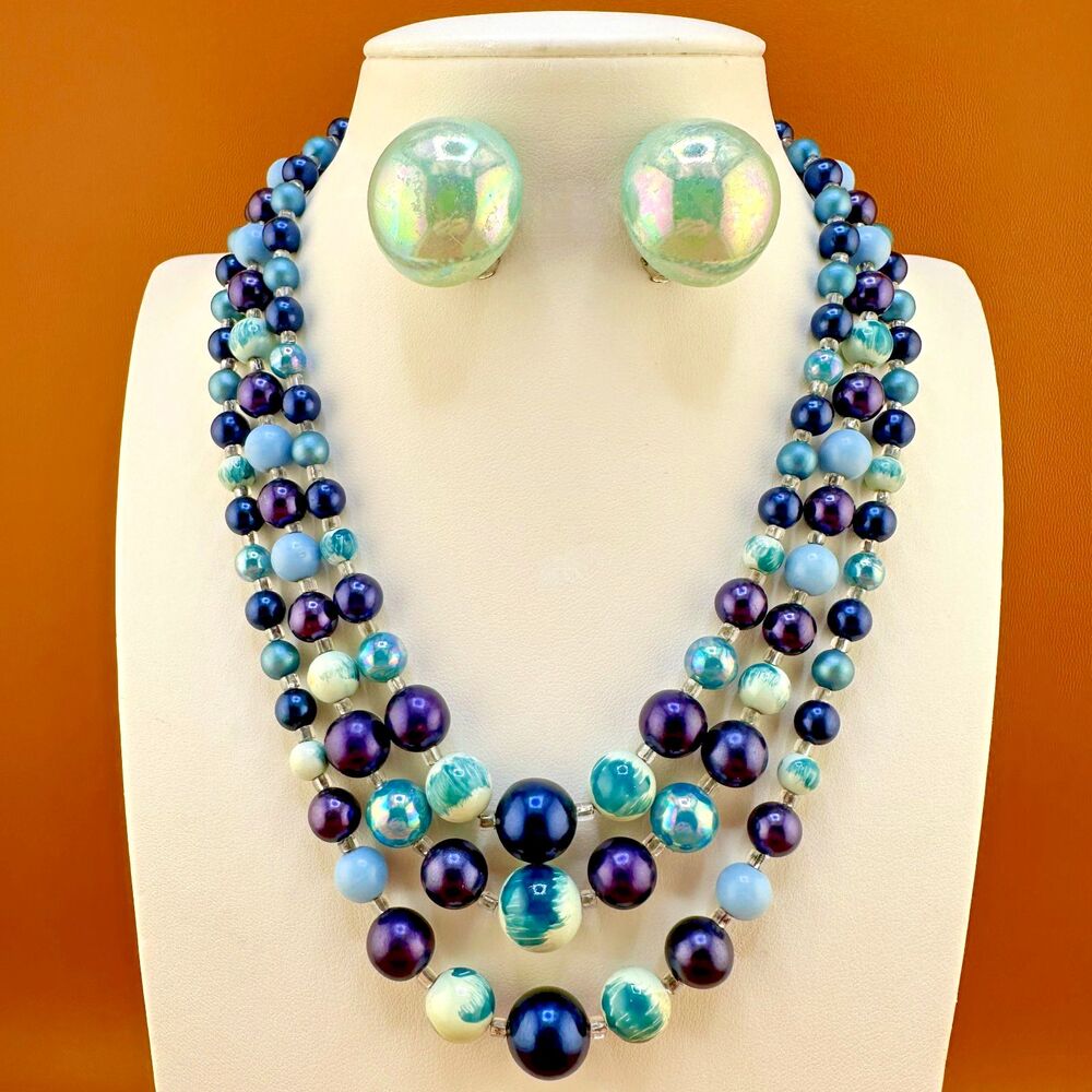 Vintage Japan Bead Necklace Earrings Set Shades of Blue Faux Pearl 3 Strand